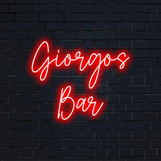 Giorgos Bar Personalized LED Neon Sign, bright LED glow on dark brick wall