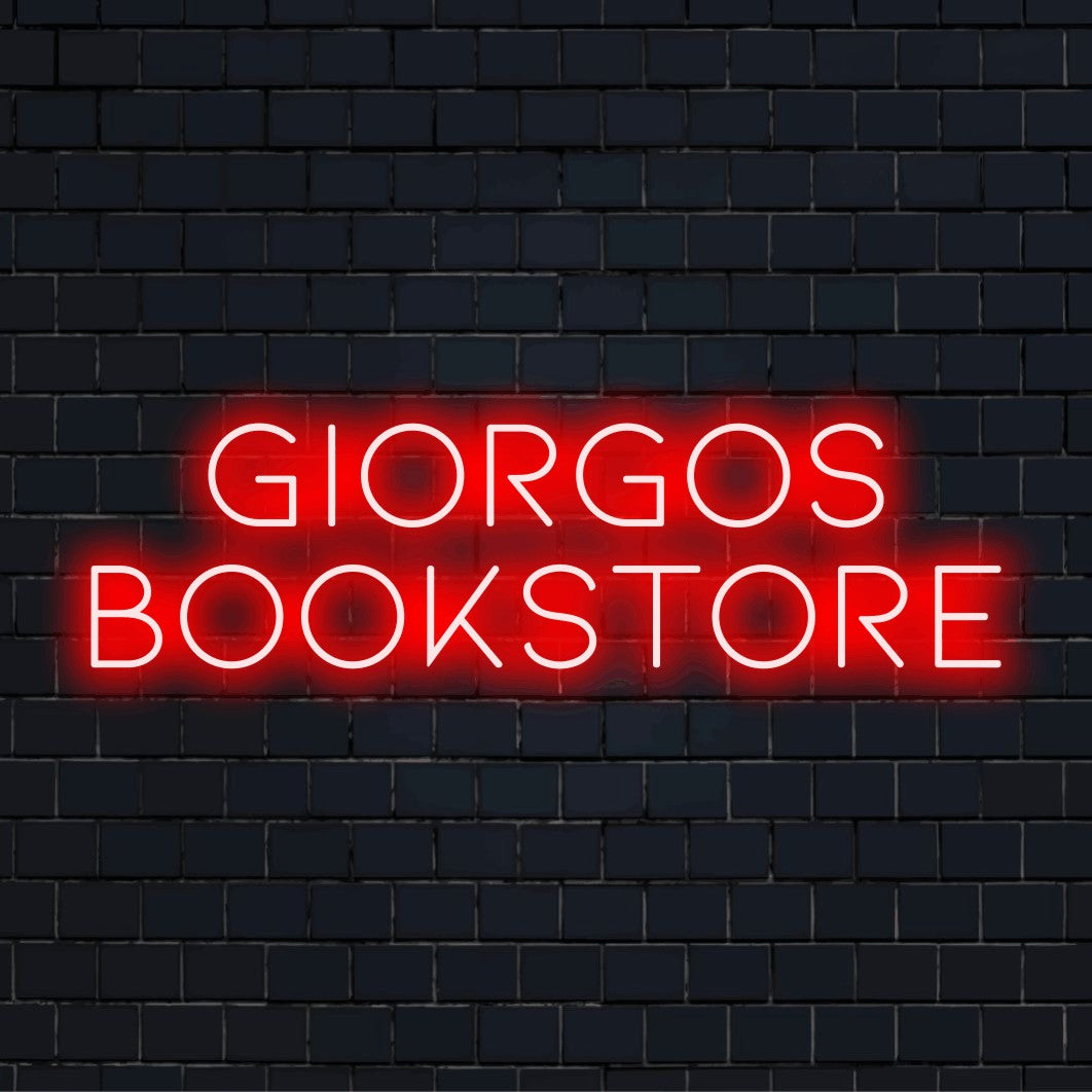 Giorgos Bookstore Personalized LED Neon Sign, glowing wall decor on dark brick wall