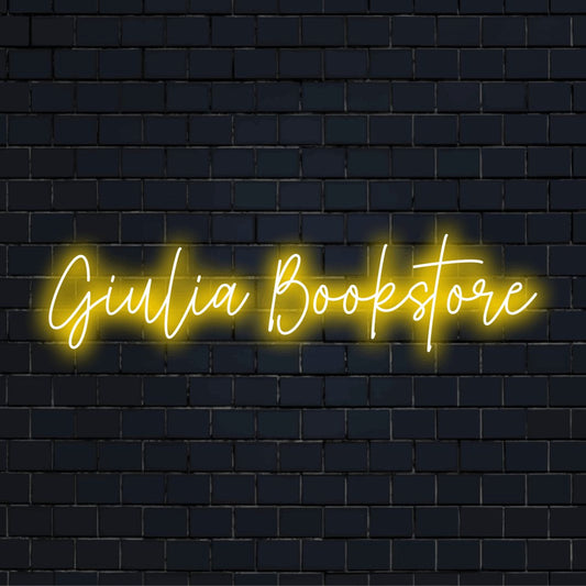Giulia Bookstore Personalized Neon Light with bright LED glow against brick backdrop