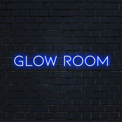 Glow Room Neon Sign, bright LED glow against black brick wall