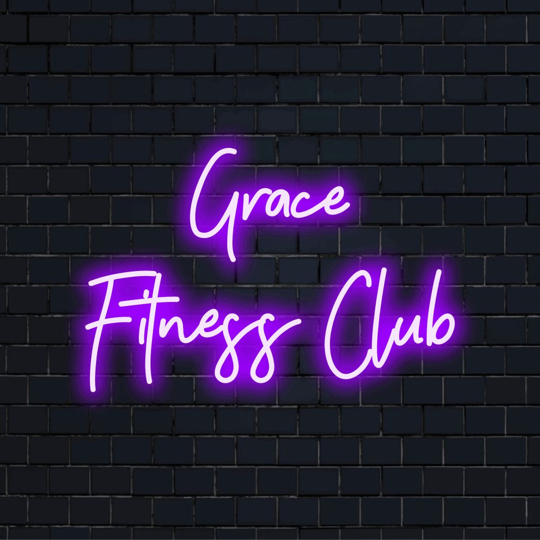 Grace Fitness Club Custom Name Neon Sign, soft neon glow on black brick background