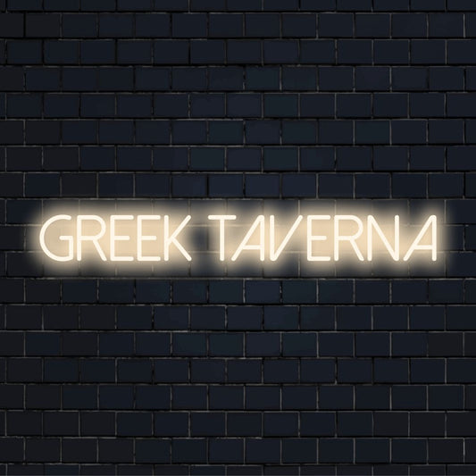 Greek Taverna Neon Sign, glowing wall decor against brick backdrop