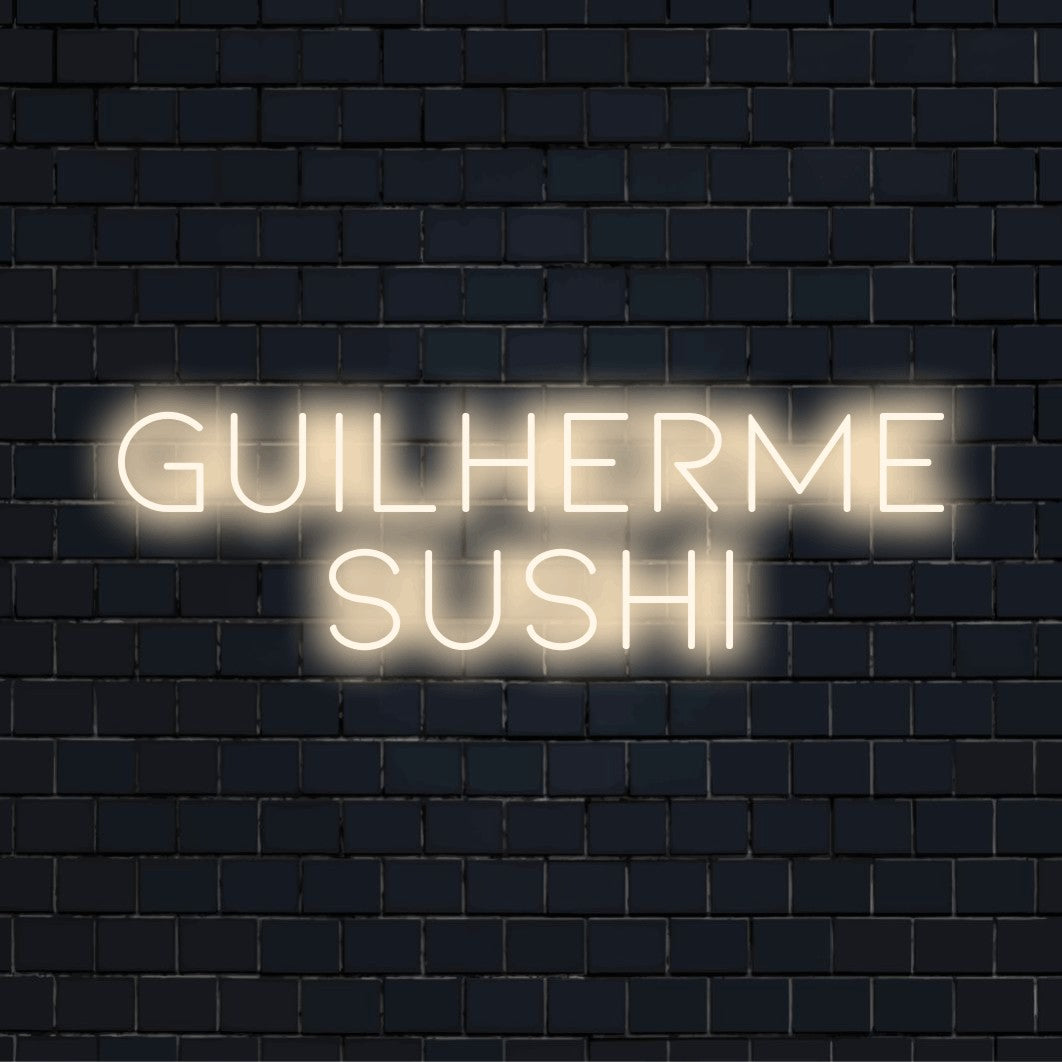 Guilherme Sushi Custom Name Neon Sign, glowing wall decor on black brick background