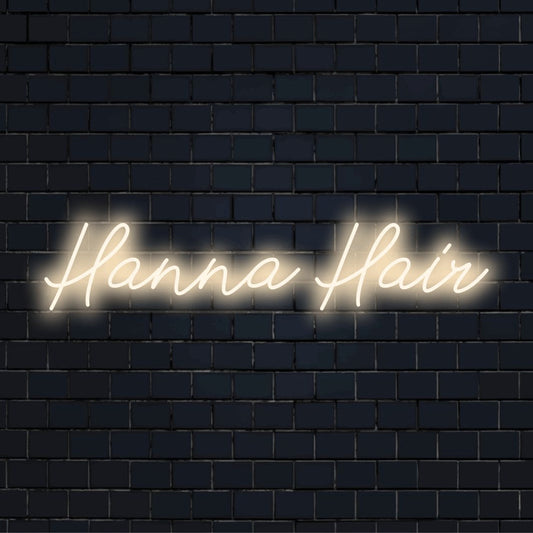 Hanna Hair Custom Name Neon Sign, bright LED glow against brick backdrop