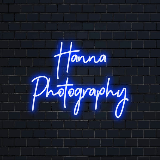 Hanna Photography Personalized LED Neon Sign, neon text light on dark brick wall