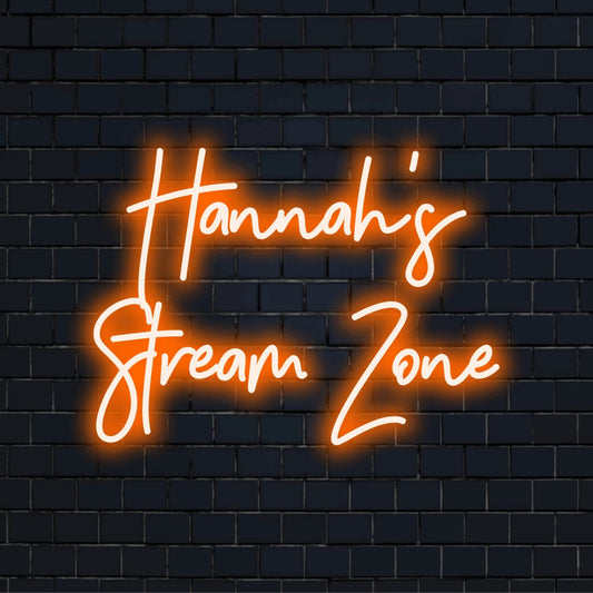 Hannah_s Stream Zone Custom Name Neon Sign, bright neon lettering on dark brick wall