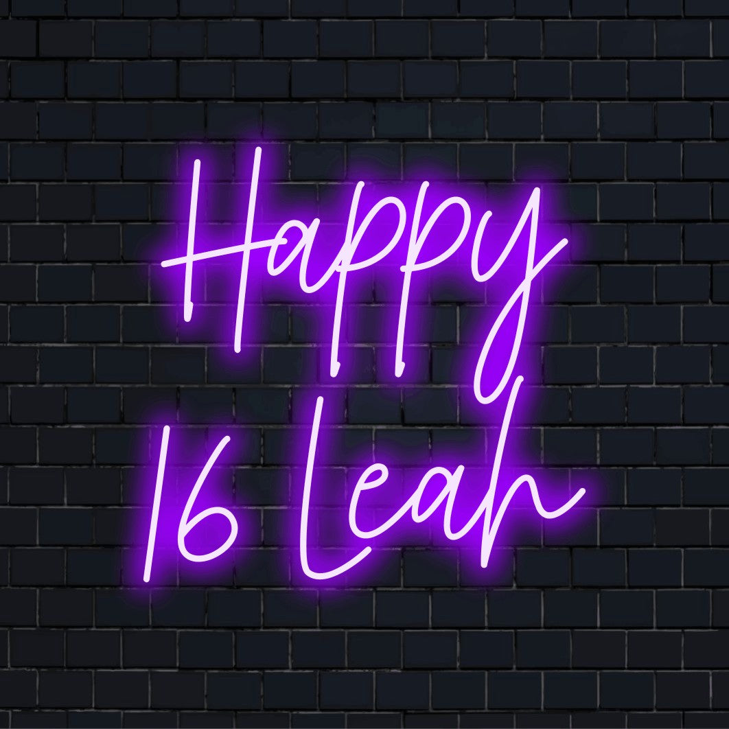 Happy 16 Leah Personalized Neon Light with neon text light on black brick background