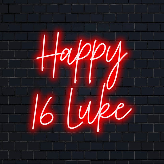 Happy 16 Luke Custom Name Neon Sign, glowing wall decor on dark brick background
