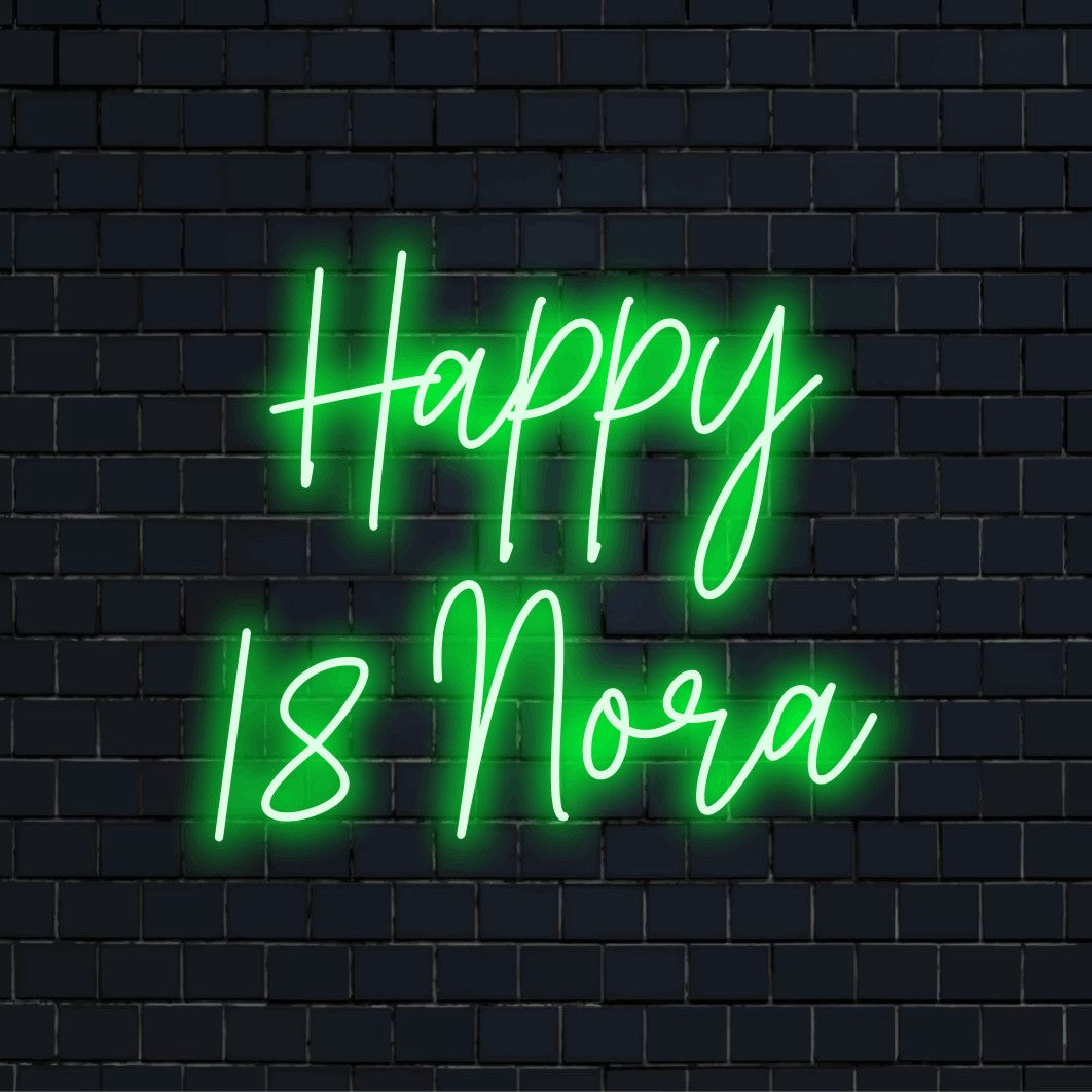 Happy 18 Nora Personalized LED Neon Sign, bright neon lettering on dark brick background
