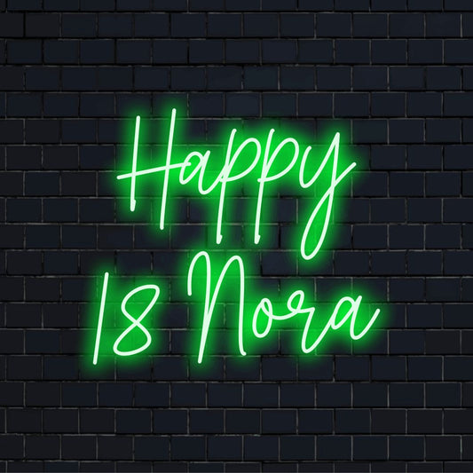 Happy 18 Nora Personalized LED Neon Sign, bright neon lettering on dark brick background