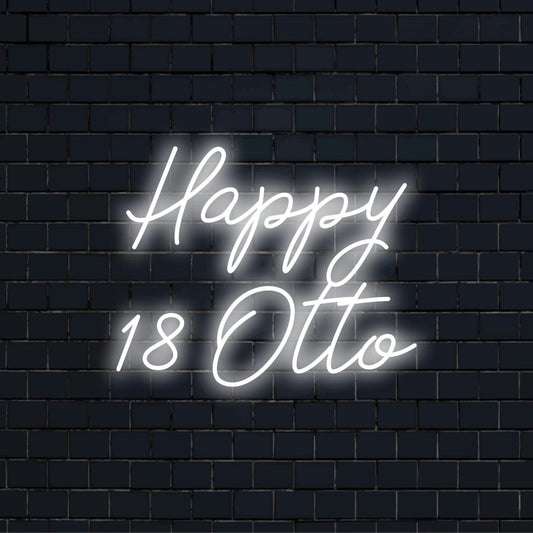Happy 18 Otto Custom Name Neon Sign, glowing wall decor against black brick wall