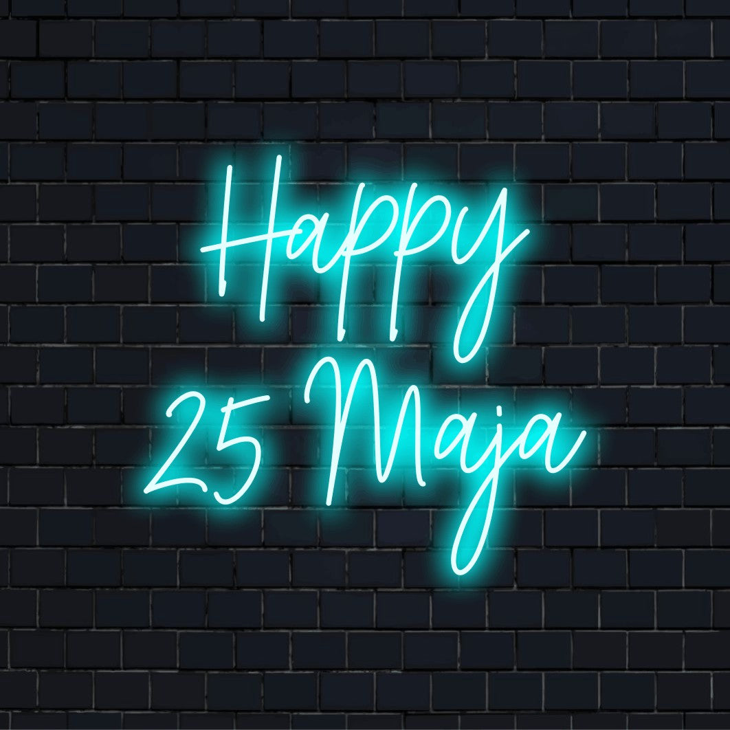 Happy 25 Maja Personalized LED Neon Sign, neon text light on black brick background