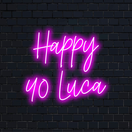Happy 40 Luca Custom Name Neon Sign, glowing neon text on dark brick wall