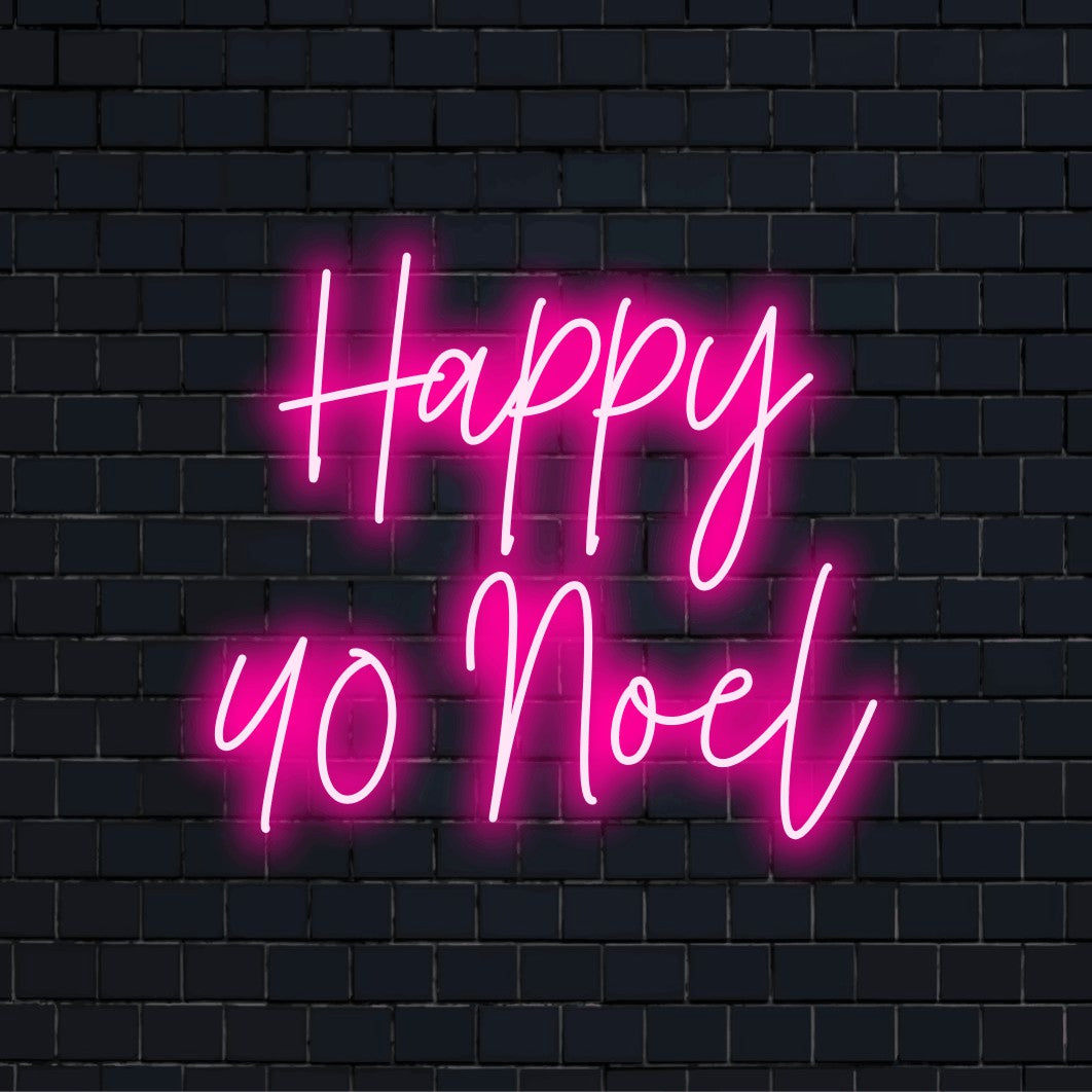 Happy 40 Noel Personalized LED Neon Sign, bright LED glow against black brick wall