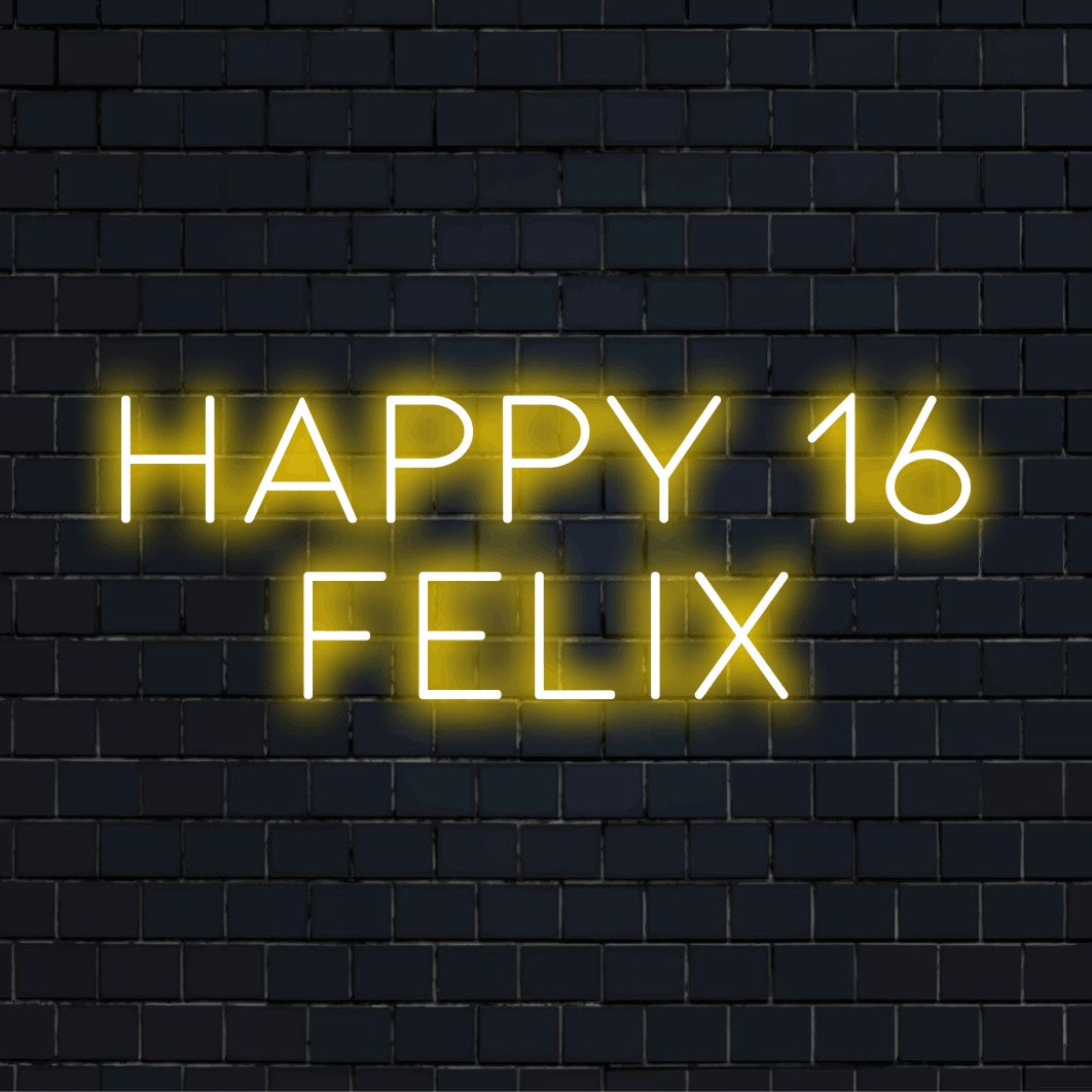 Happy 16 Felix Custom Name Neon Sign, glowing neon text on dark brick background