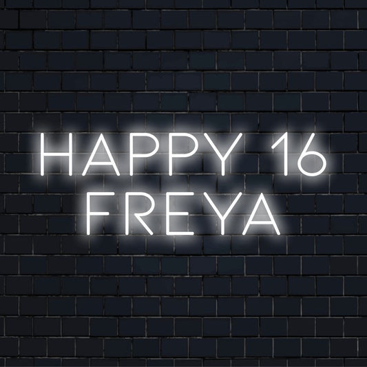 Happy 16 Freya Personalized LED Neon Sign, bright LED glow on dark brick wall