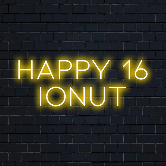 Happy 16 Ionut Personalized LED Neon Sign, bright LED glow against black brick wall