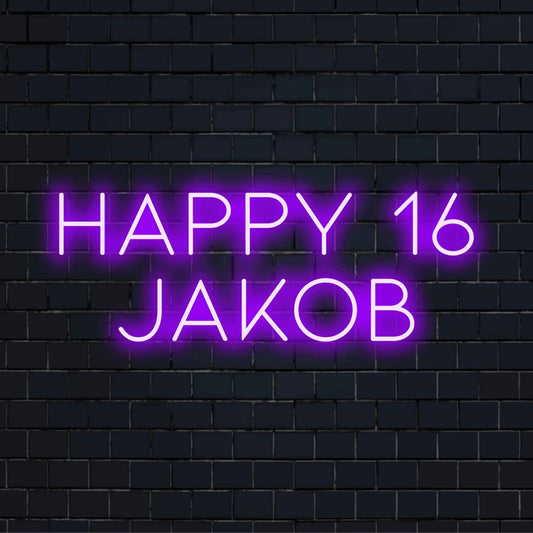 Happy 16 Jakob Custom Name Neon Sign, glowing wall decor against brick backdrop