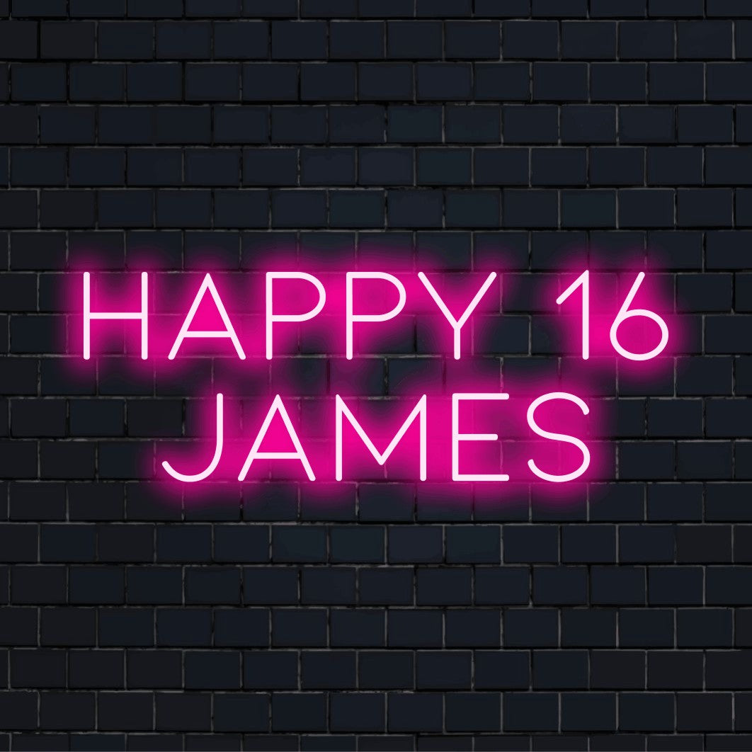 Happy 16 James Personalized Neon Light with glowing neon text on dark brick wall