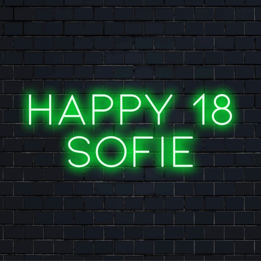 Happy 18 Sofie Personalized LED Neon Sign, neon text light against black brick wall