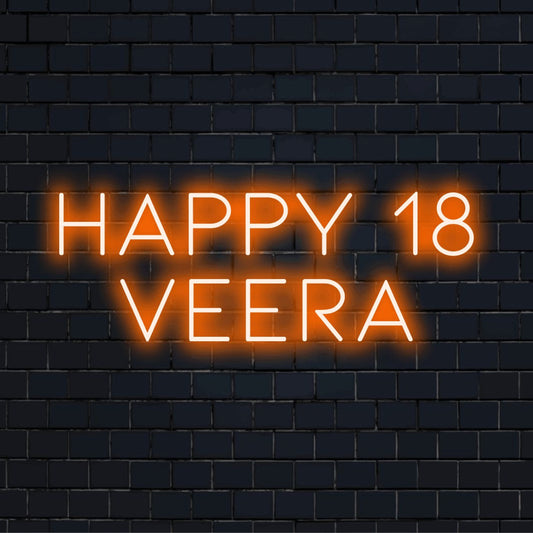 Happy 18 Veera Custom Name Neon Sign, soft neon glow on dark brick wall