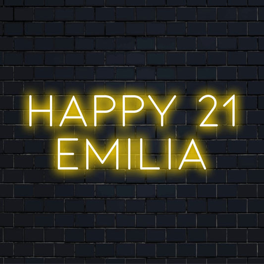 Happy 21 Emilia Custom Name Neon Sign, bright LED glow on black brick background