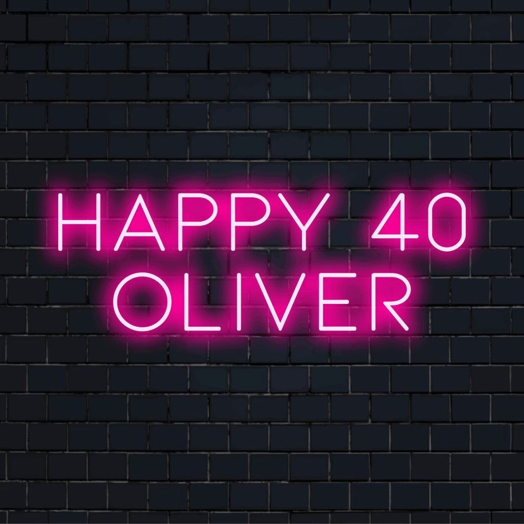 Happy 40 Oliver Personalized Neon Light with bright neon glow against black brick wall