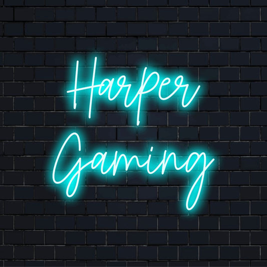 Harper Gaming Personalized Neon Light with glowing lettering against black brick wall