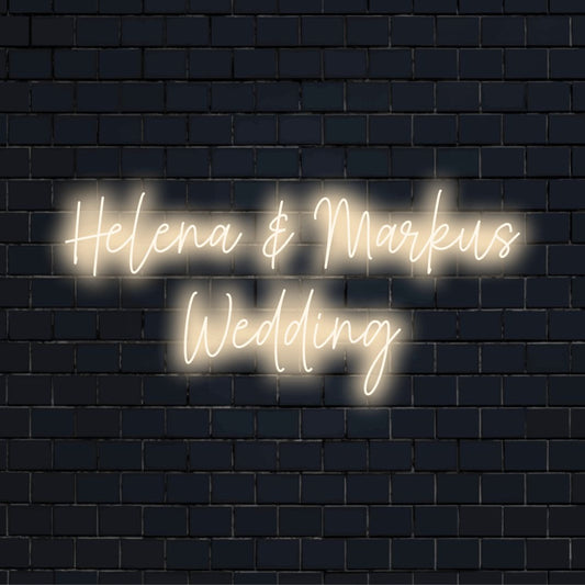 Helena _ Markus Wedding Custom Name Neon Sign, soft neon glow on dark brick background