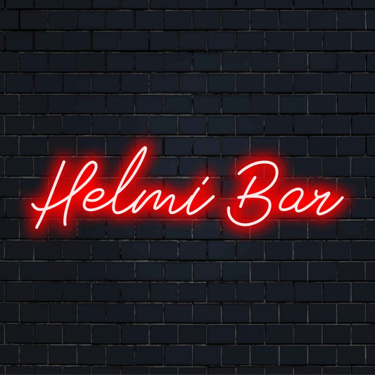 Helmi Bar Custom Name Neon Sign, soft neon glow on dark brick wall