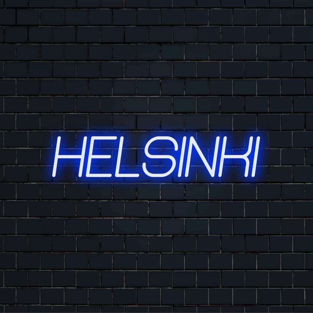 Helsinki Neon Sign, glowing neon text against brick backdrop