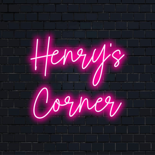 Henry_s Corner Personalized LED Neon Sign, glowing lettering on black brick background