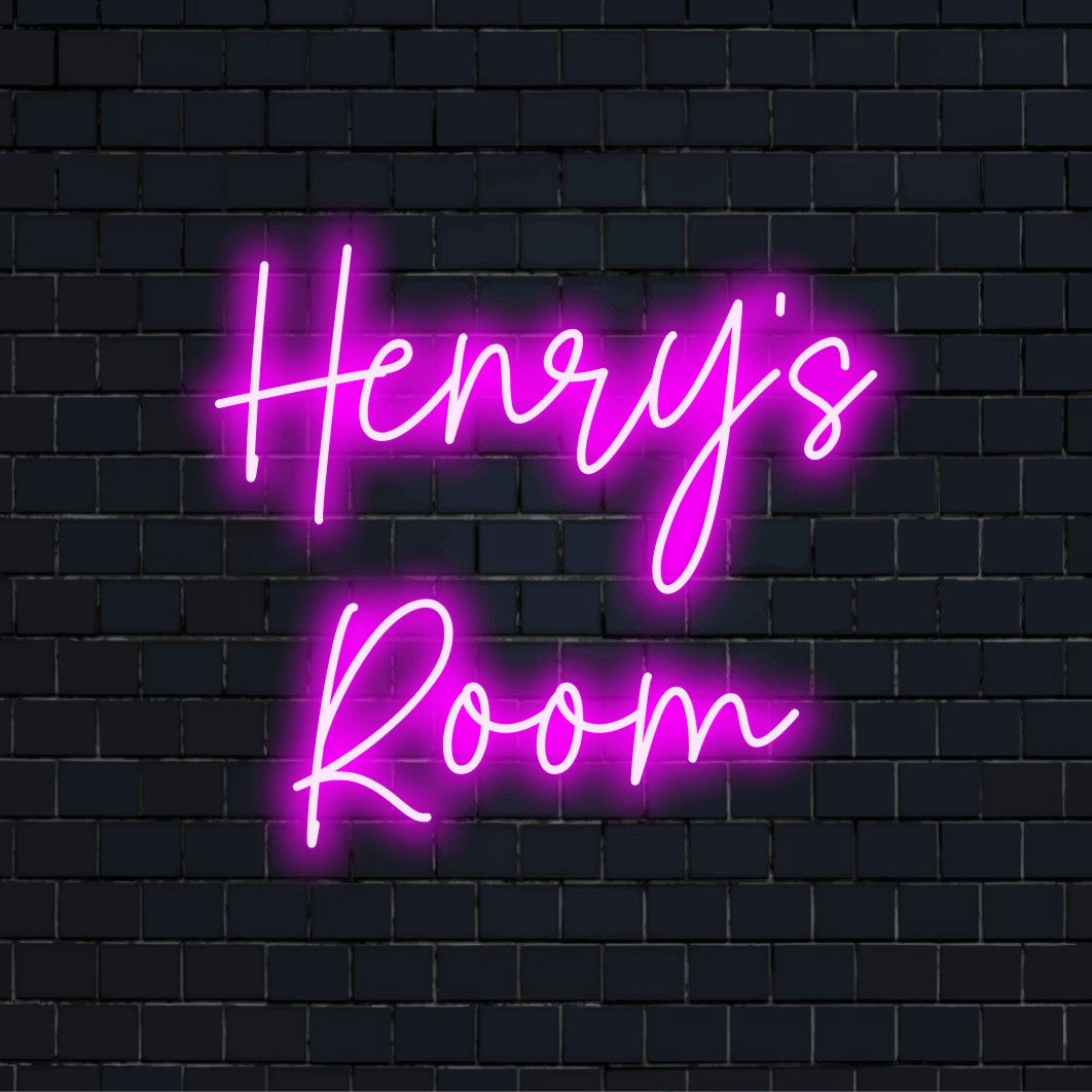 Henry_s Room Personalized LED Neon Sign, glowing lettering on dark brick wall
