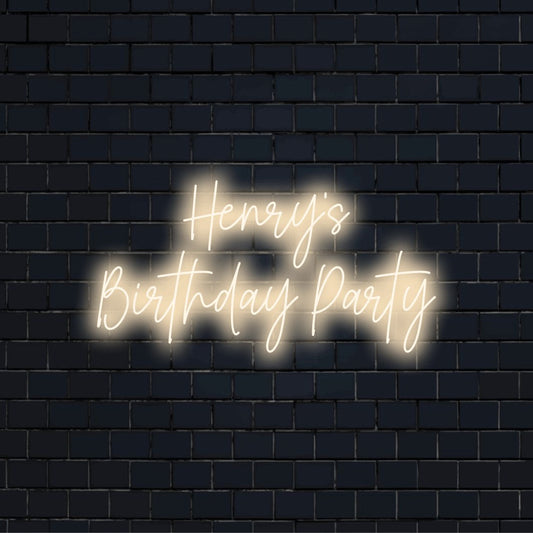 Henry_s Birthday Party Personalized Neon Light with neon text light on dark brick background