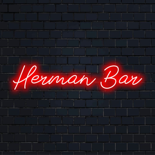 Herman Bar Custom Name Neon Sign, bright neon glow against black brick wall