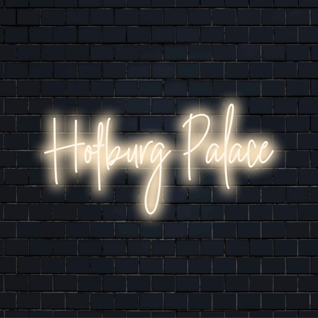 Hofburg Palace LED Neon Sign, glowing wall decor on black brick background