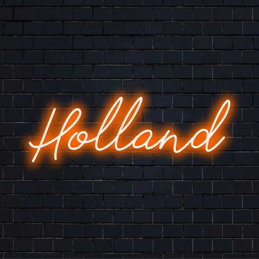 Holland Neon Sign, soft neon glow on dark brick wall