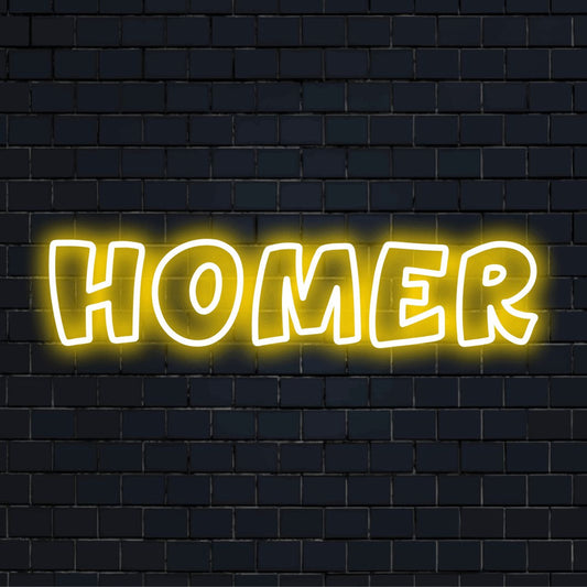 Homer Neon Light with glowing lettering against brick backdrop