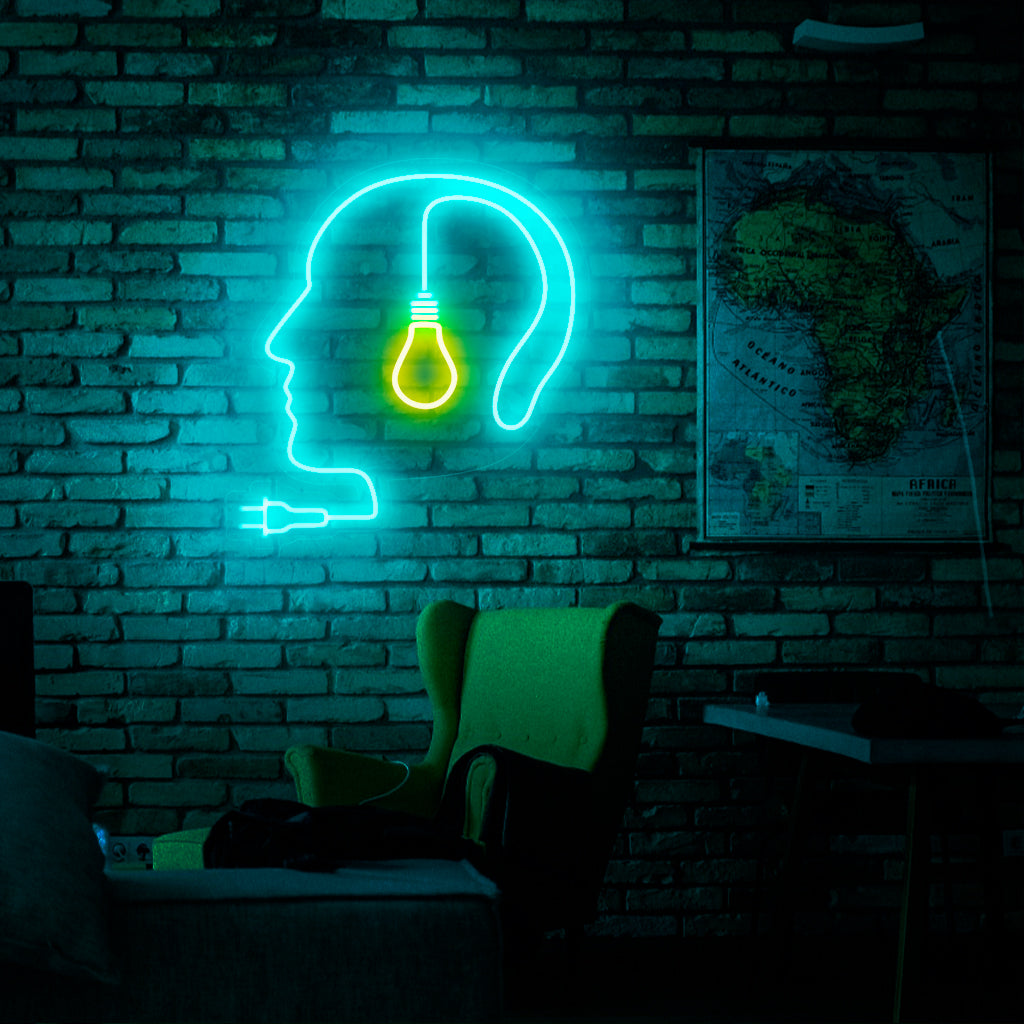 Neon-lit human head with light bulb sign, unique home decor