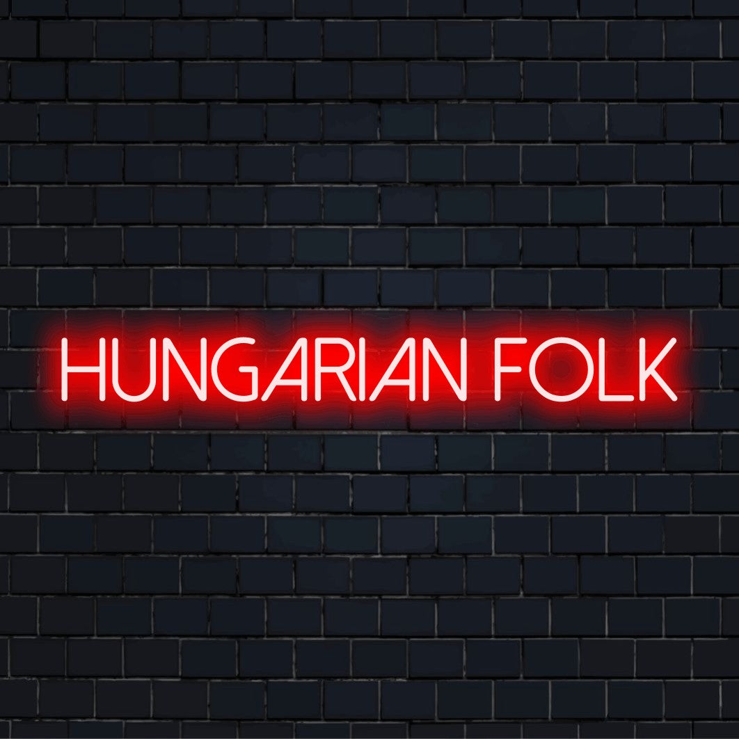 Hungarian Folk Neon Sign, glowing lettering on dark brick wall