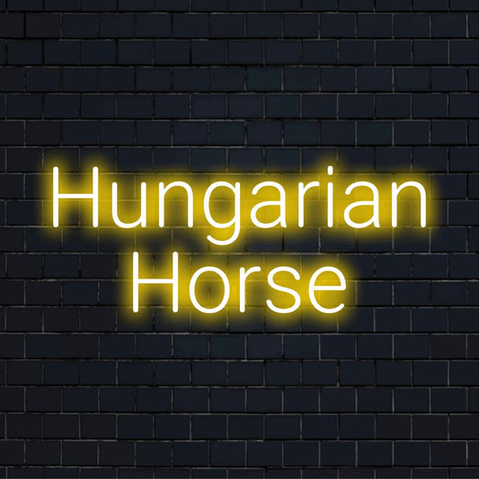 Hungarian Horse Neon Sign, bright neon glow against brick backdrop