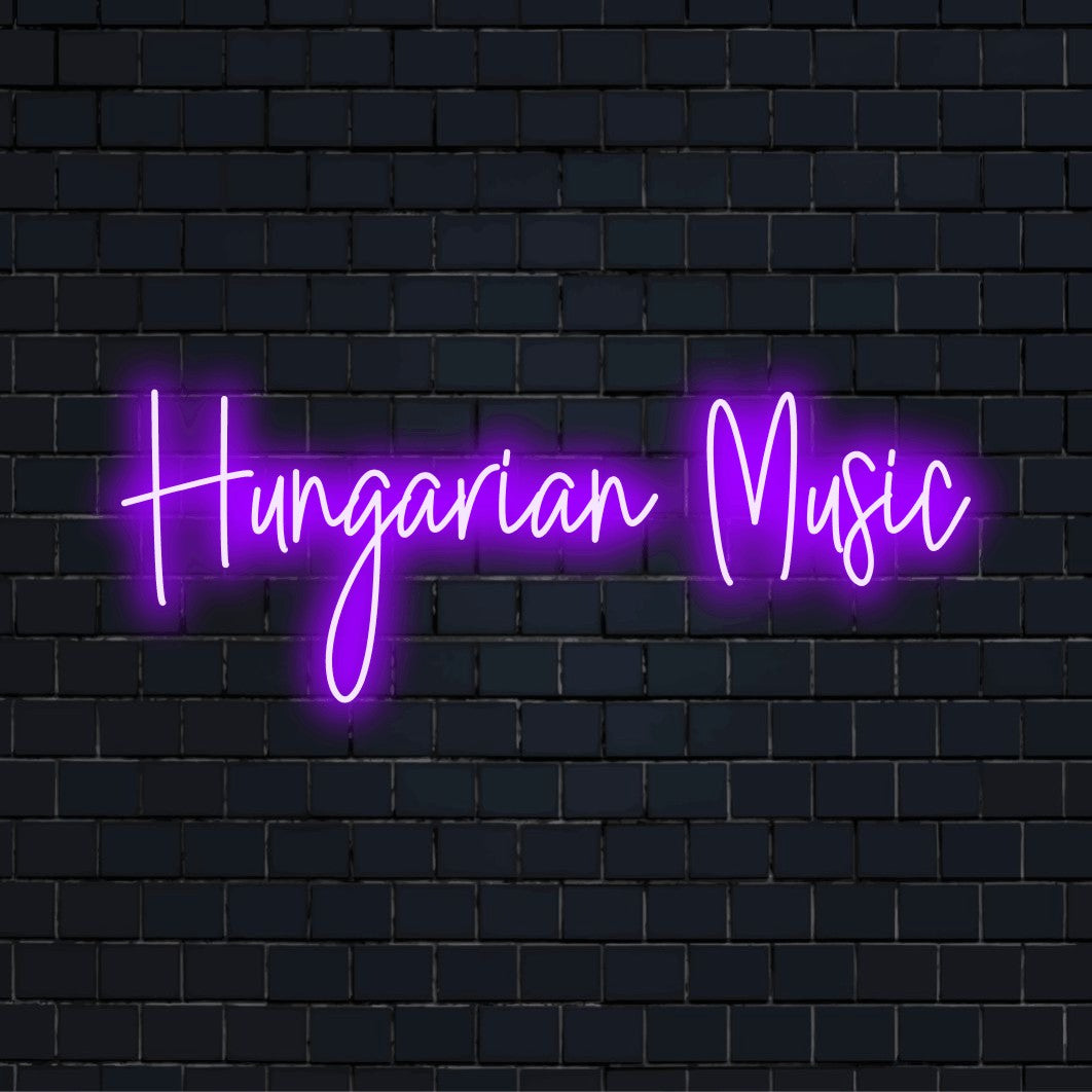 Hungarian Music LED Neon Sign, bright neon glow against brick backdrop