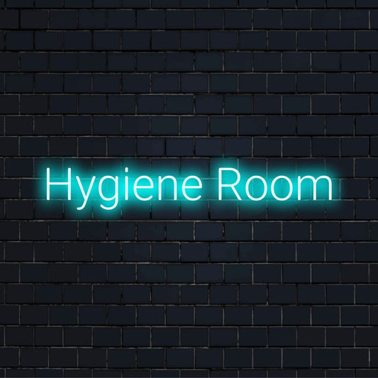 Hygiene Room Neon Sign, bright neon lettering against brick backdrop