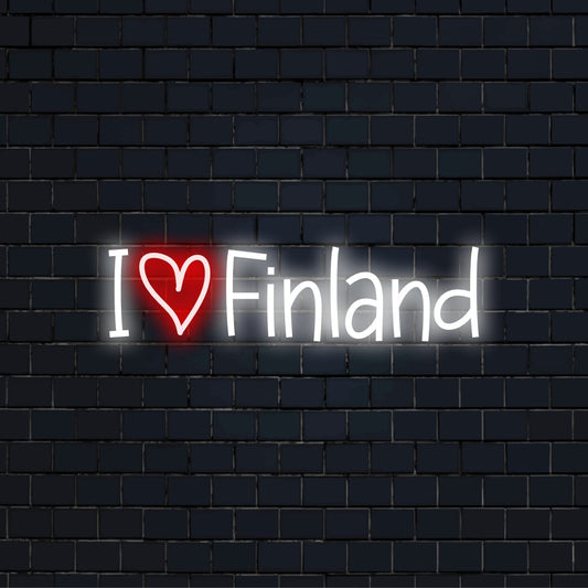 I Love Finland LED Neon Sign, bright neon lettering on dark brick background