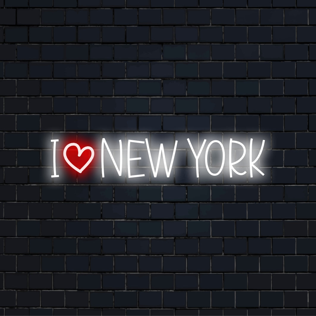 I Love New York Neon Sign, bright LED glow on dark brick wall