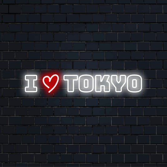 I Love Tokyo Neon Sign, neon text light on black brick background