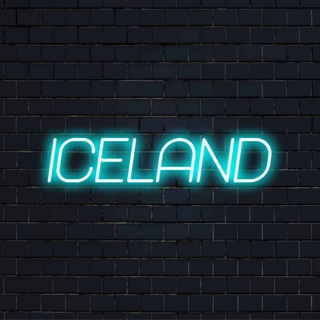 Iceland Neon Sign, bright neon lettering on black brick background