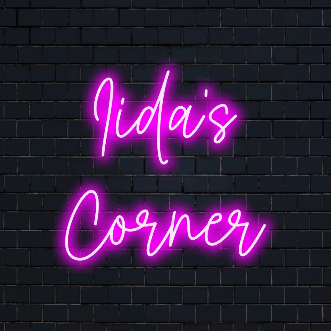 Iida_s Corner Custom Name Neon Sign, glowing wall decor on dark brick background