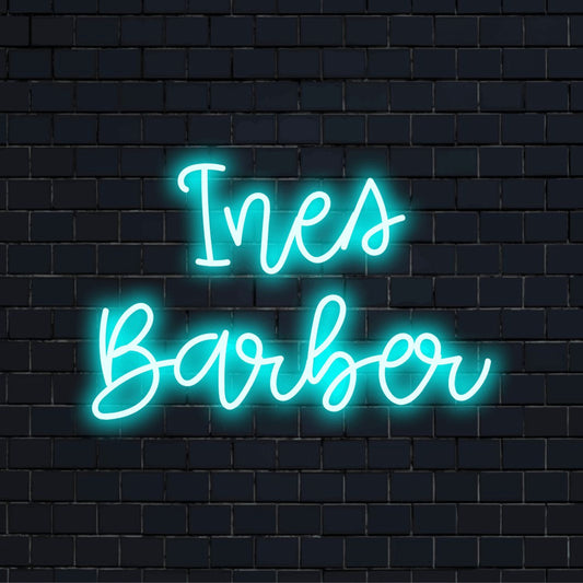 Ines Barber Personalized LED Neon Sign, glowing wall decor on dark brick wall