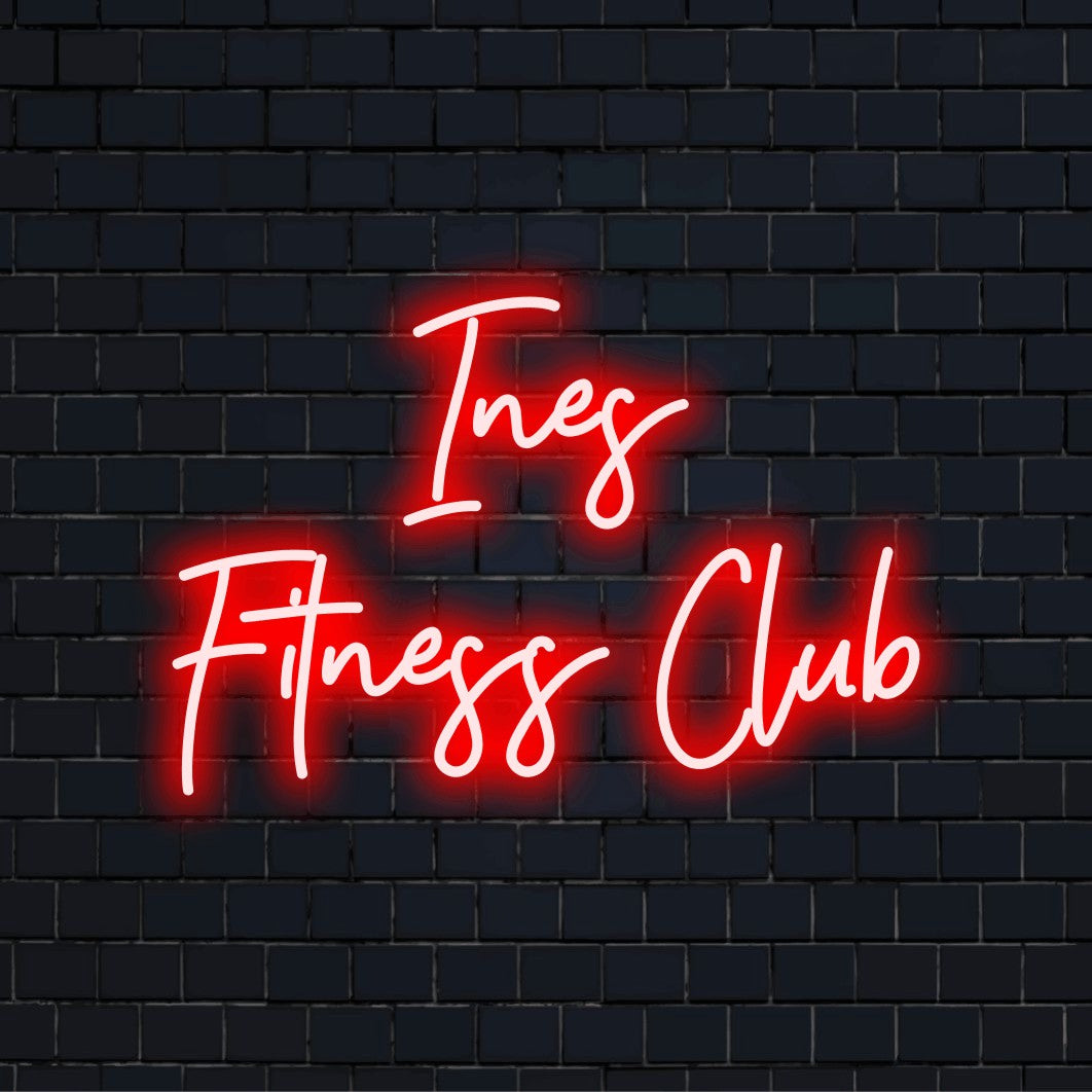 Ines Fitness Club Personalized LED Neon Sign, bright neon glow on dark brick wall